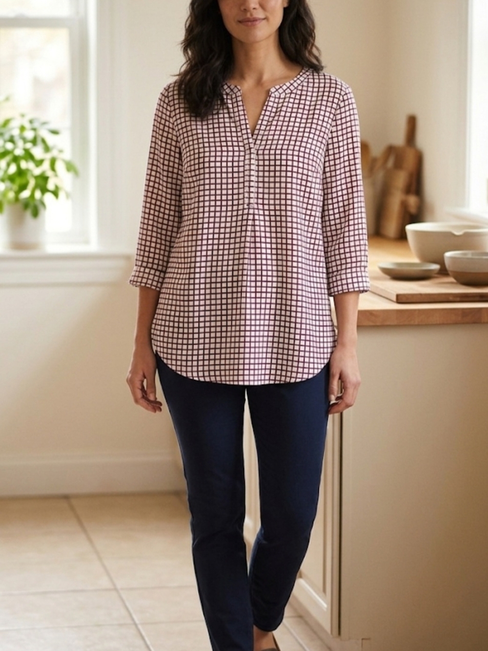 Women's Pink Check Split-Neck Blouse